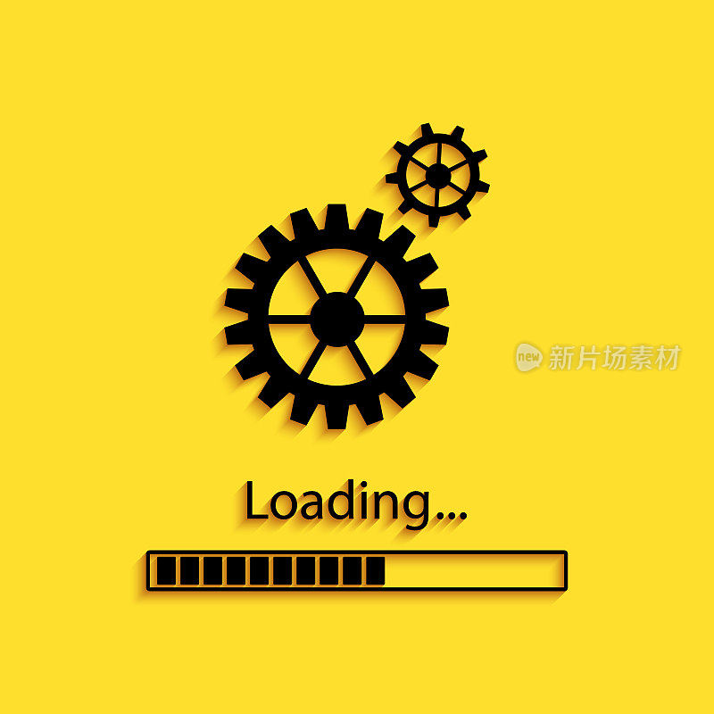 Black Loading and gear icon isolated on yellow background. Progress bar icon. System software update. Loading process symbol. Long shadow style. Vector
